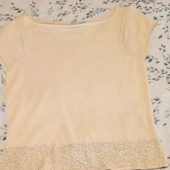 Anne Klein Cream Short Sleeve Top with Sequin Hem - Picture 4 of 4